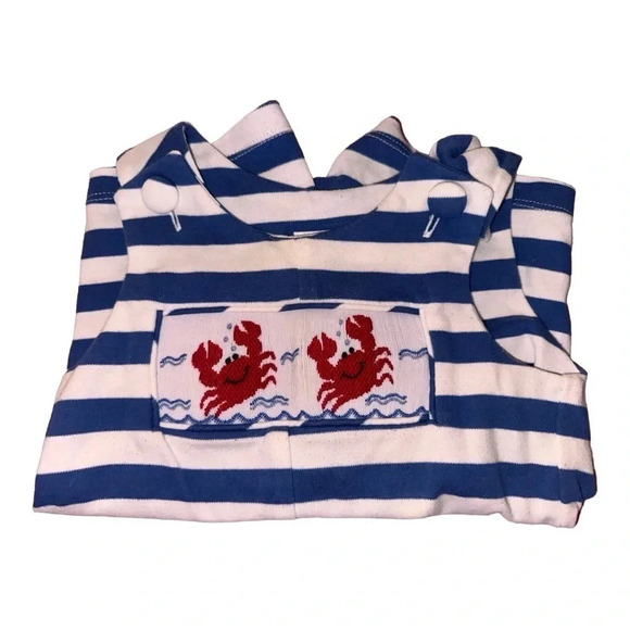 Zucchini Boutique Smocked Lobster Blue And White Stripe romper - Picture 3 of 5